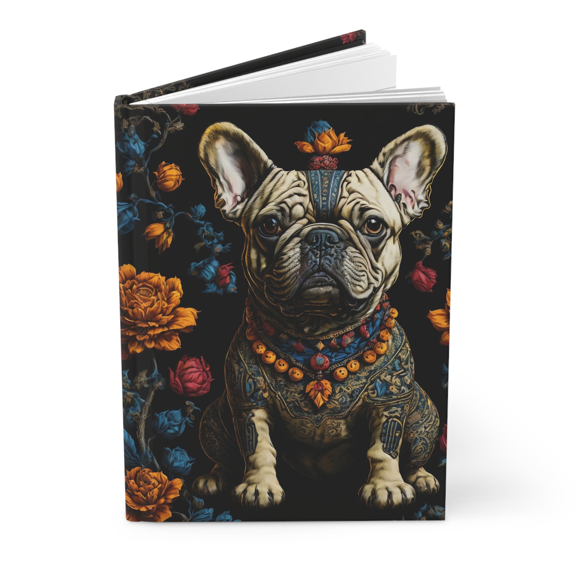 Notebook with a dog illustration on a floral background
