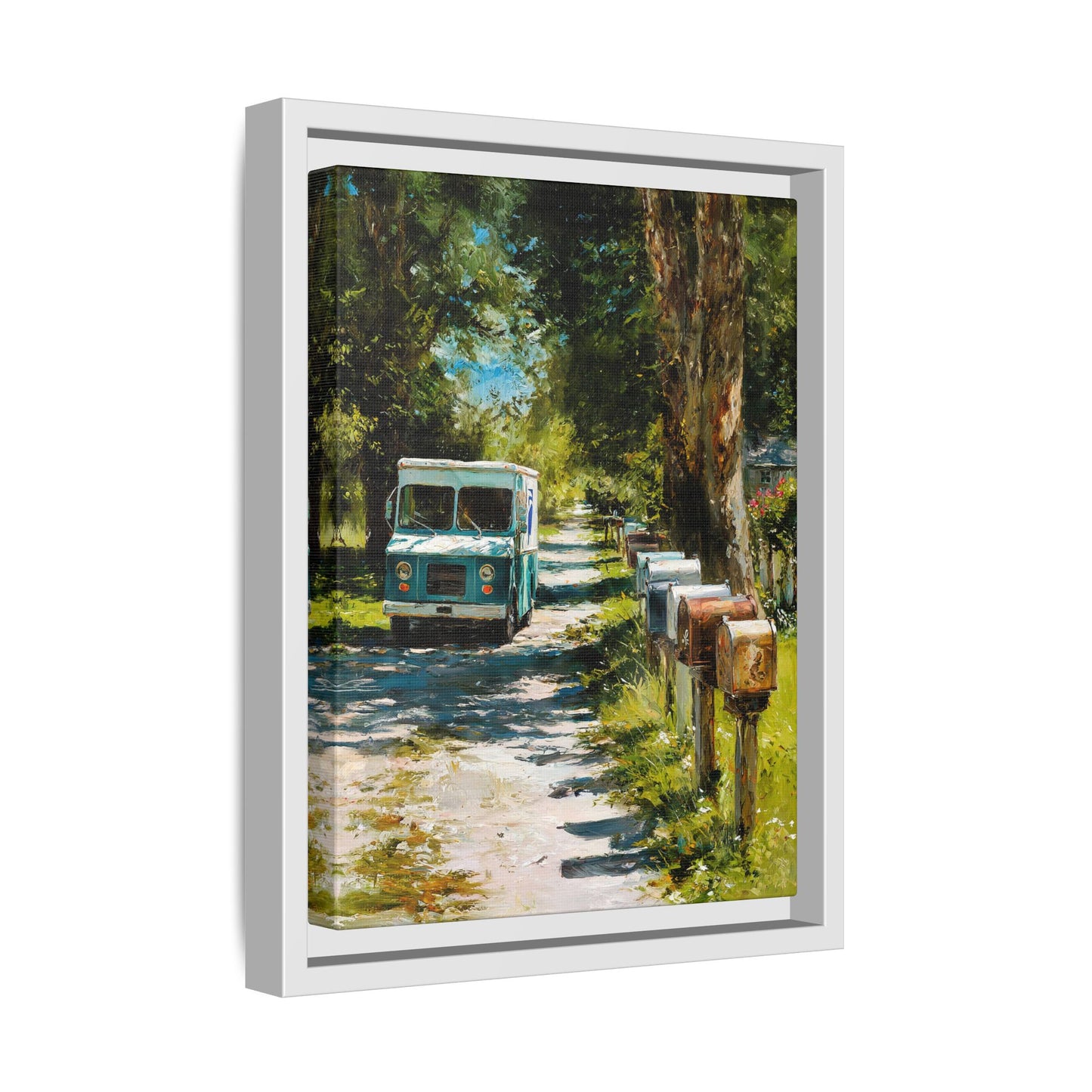Framed Matte Canvas Print — Vintage Mail Truck on Country Road Wall Art