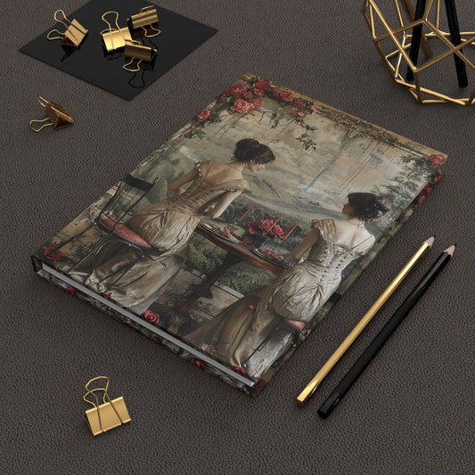 Hardcover Journal Matte - Victorian Twins Tea Party on desk