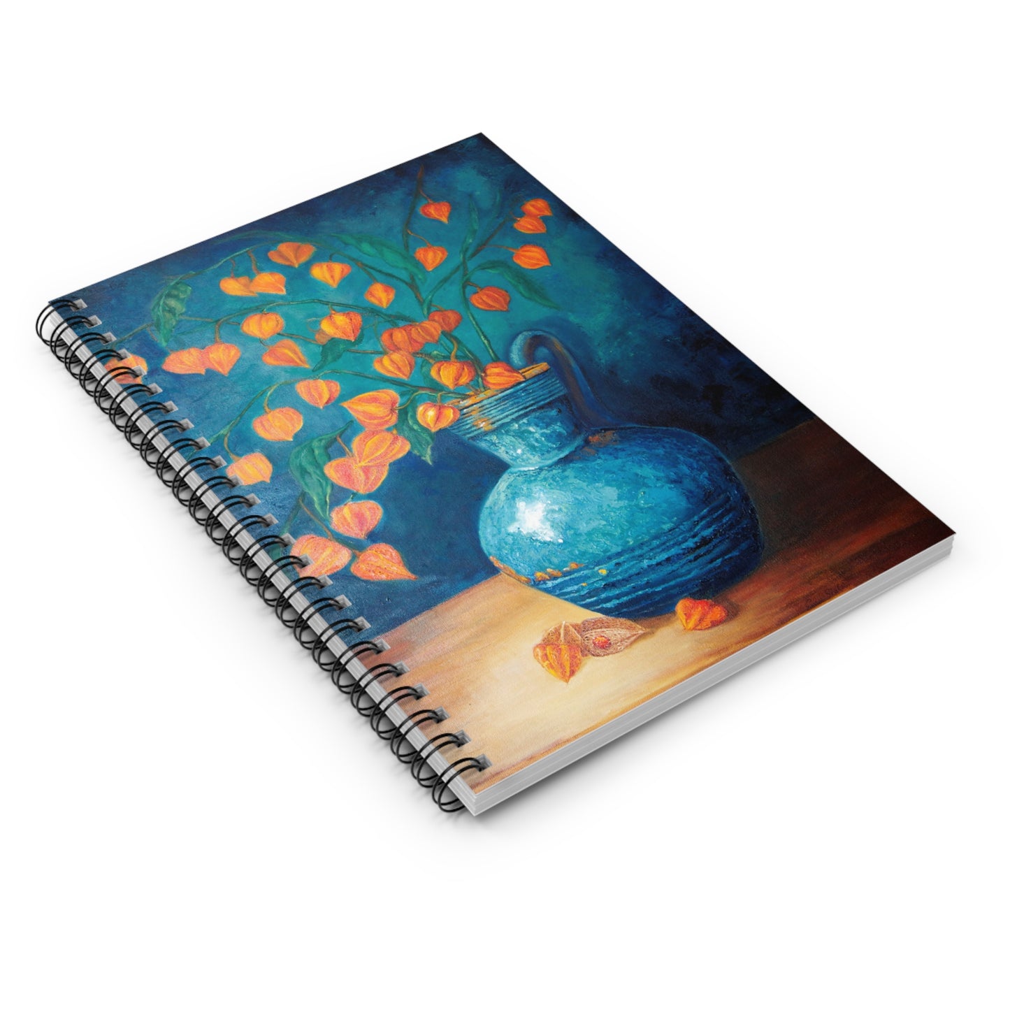 Floral Still Life Notebook — Blue Vase with Orange Lantern Flowers, Ruled Spiral Journal