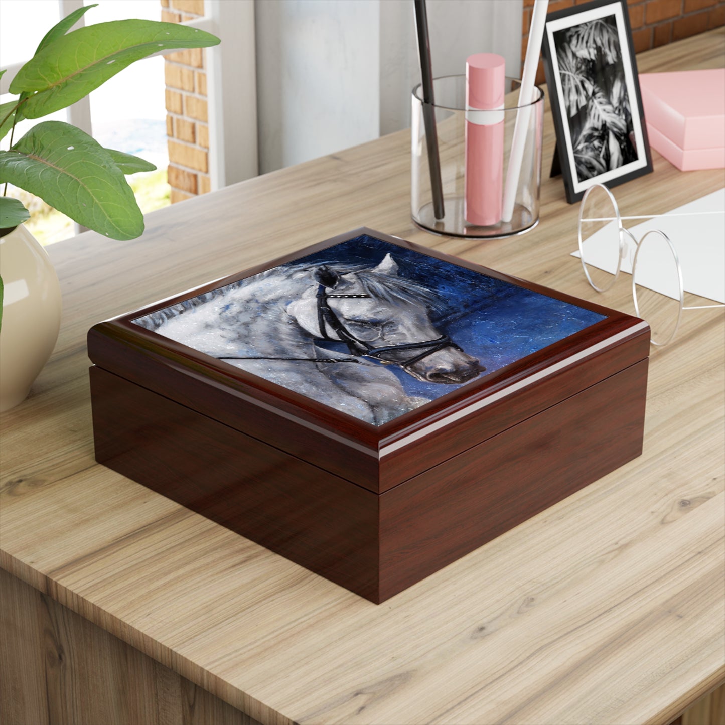 Jewelry Box - Keepsake Box with Grey Horse mahogany