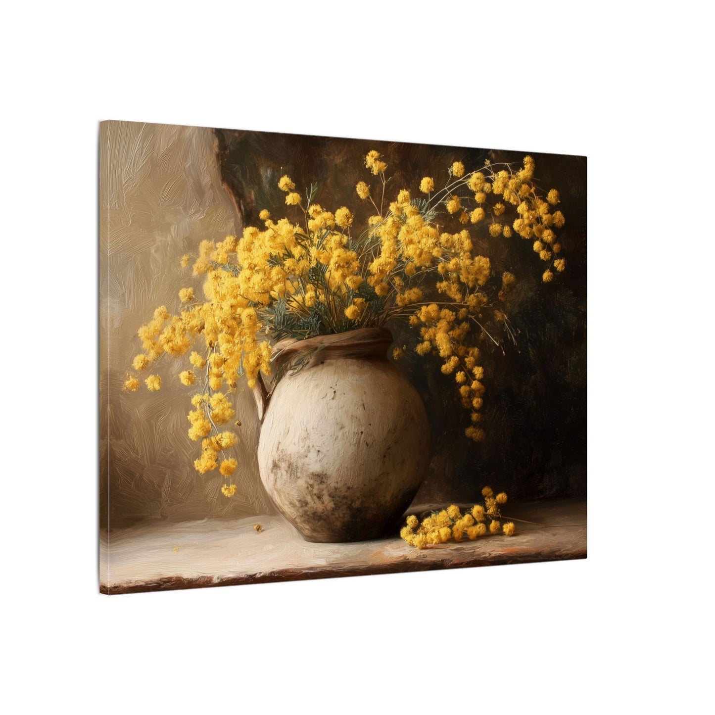 Mimosa Still Life Canvas Print — Rustic Vase Wall Art