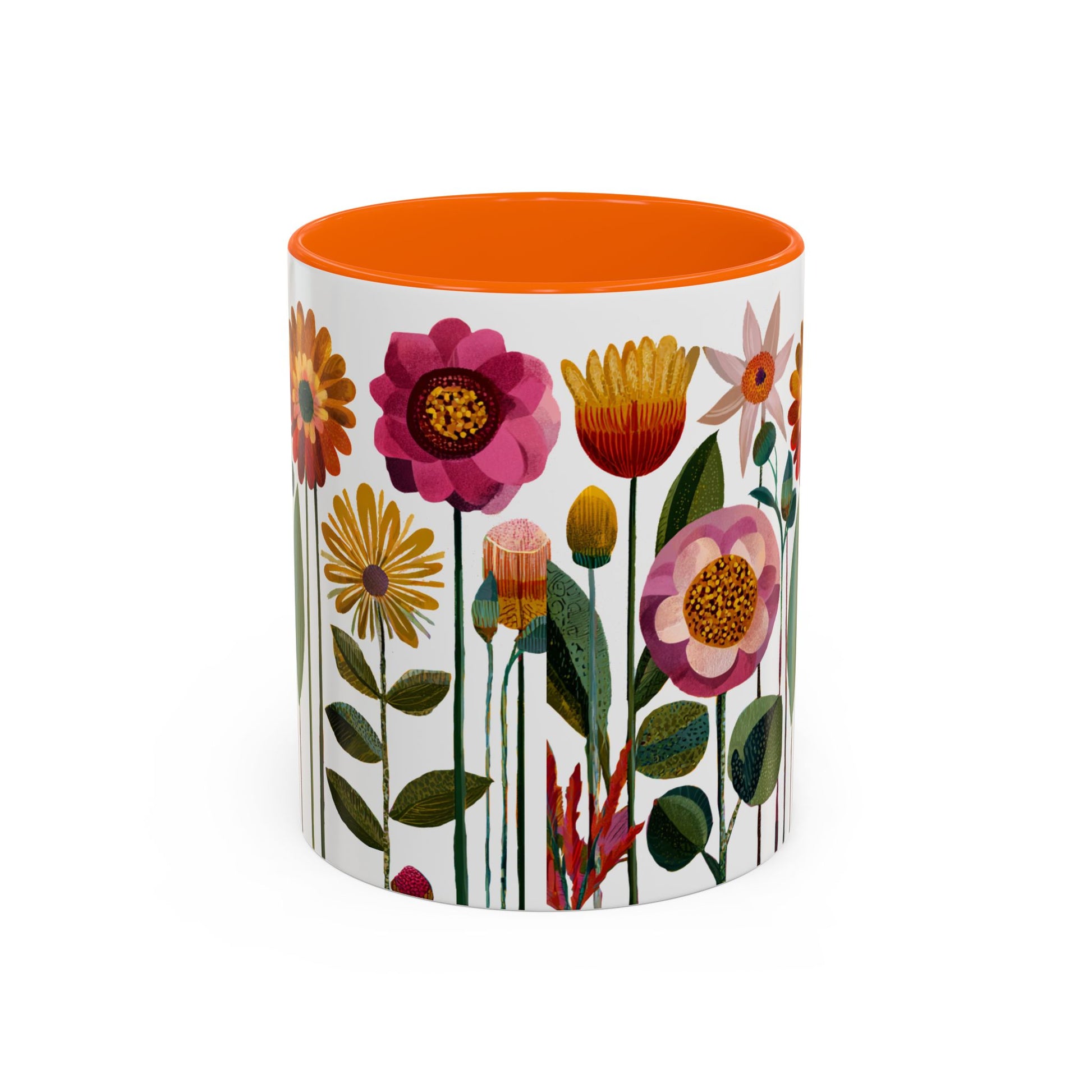 Mug with floral design and orange interior on a white background