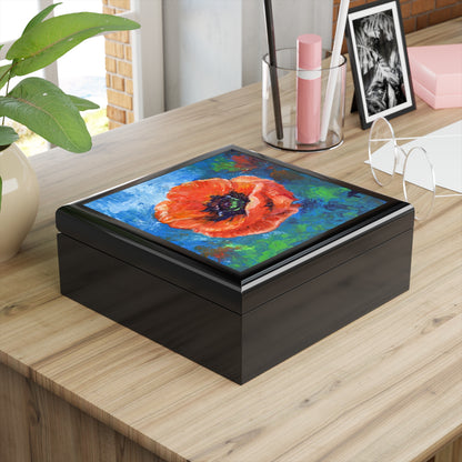 Keepsake/Jewelry Box - Poppy Flower Ceramic Tile Lid black