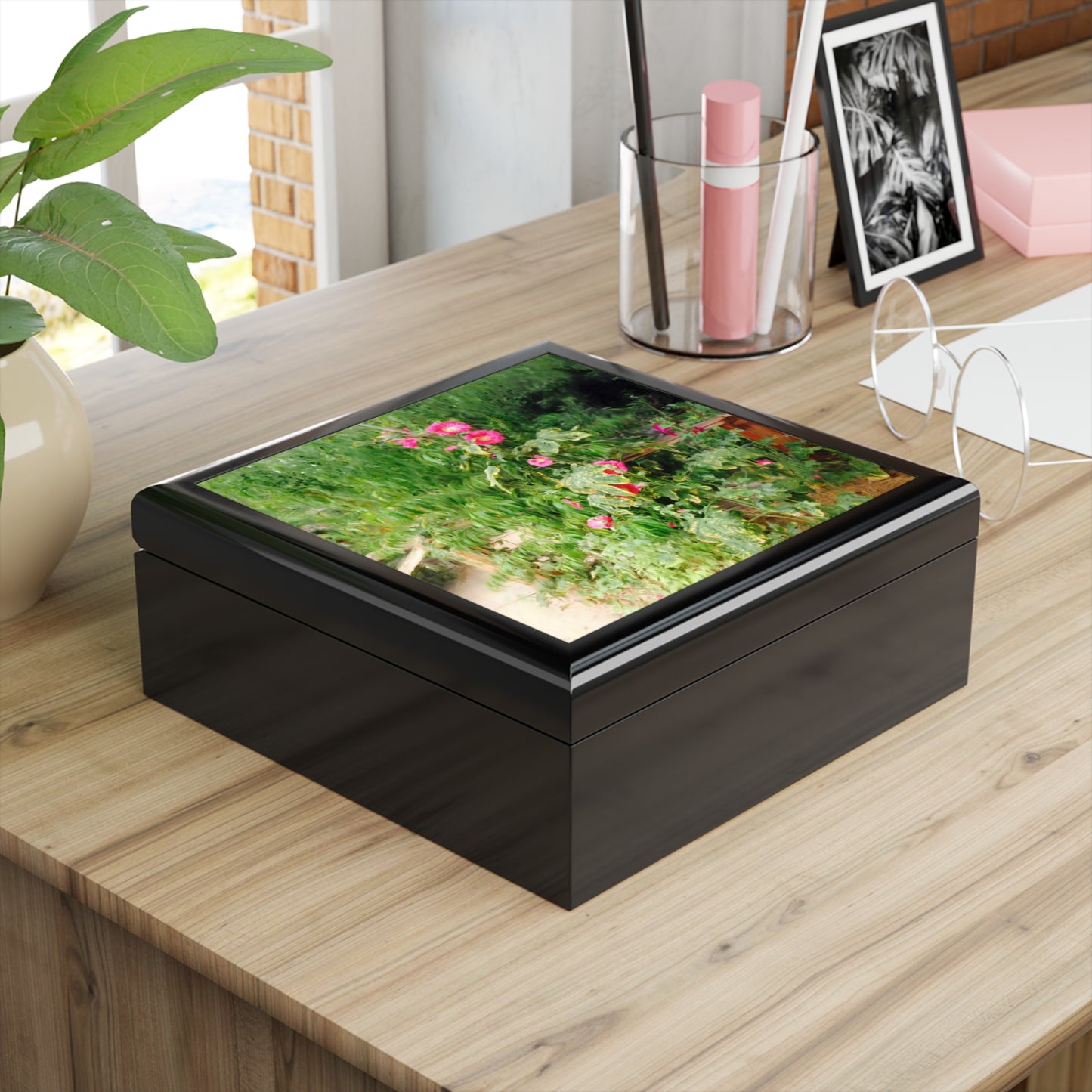 Keepsake/Jewelry Box - Hollyhock Florals - Wood Lacquer Box  black box