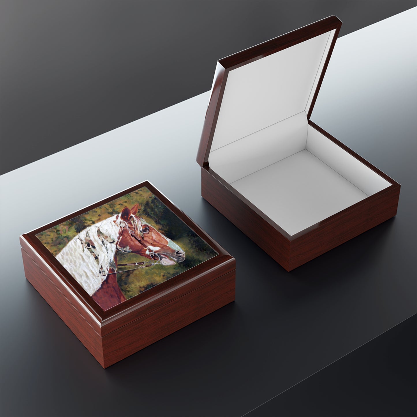 Lacquered Jewelry Keepsake Box with Horse Head Lid Open