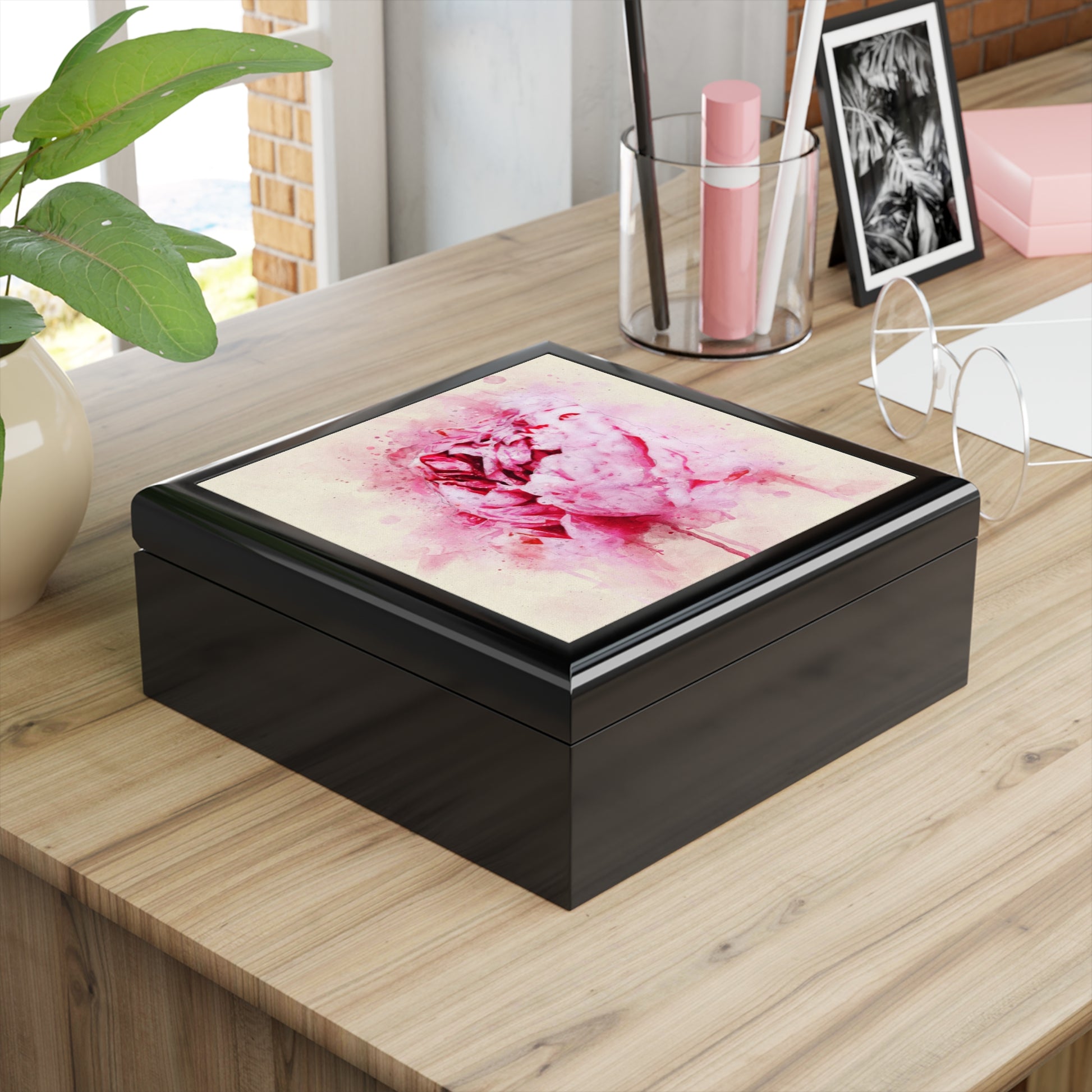 Jewelry Box - Pink Peony Keepsake Box  black