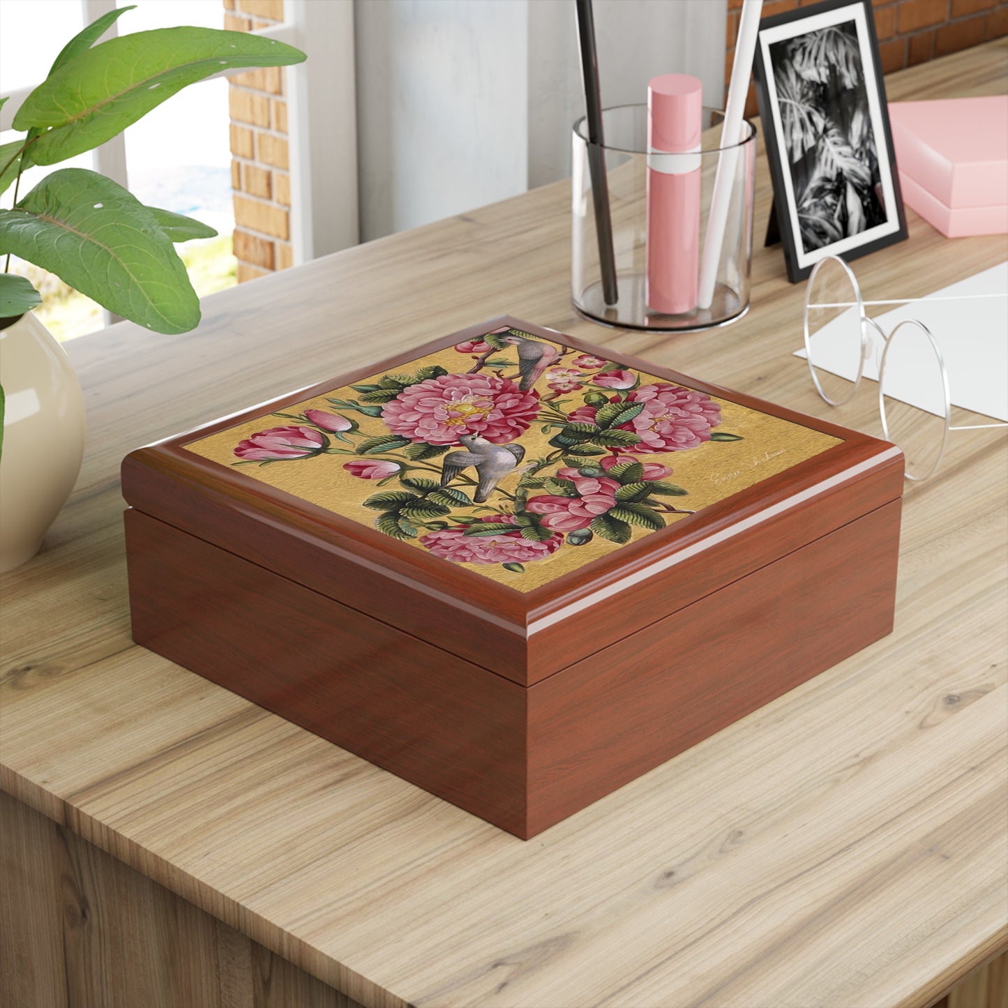 Lacquered Jewelry Keepsake Box - Floral Design golden oak