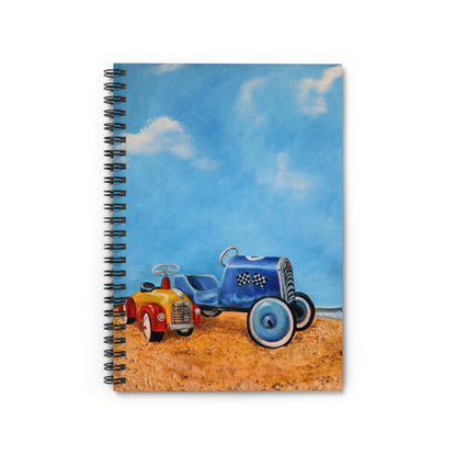 Vintage Toy Cars Spiral Notebook — Kids Journal with Blue & Red Pedal Car Illustration