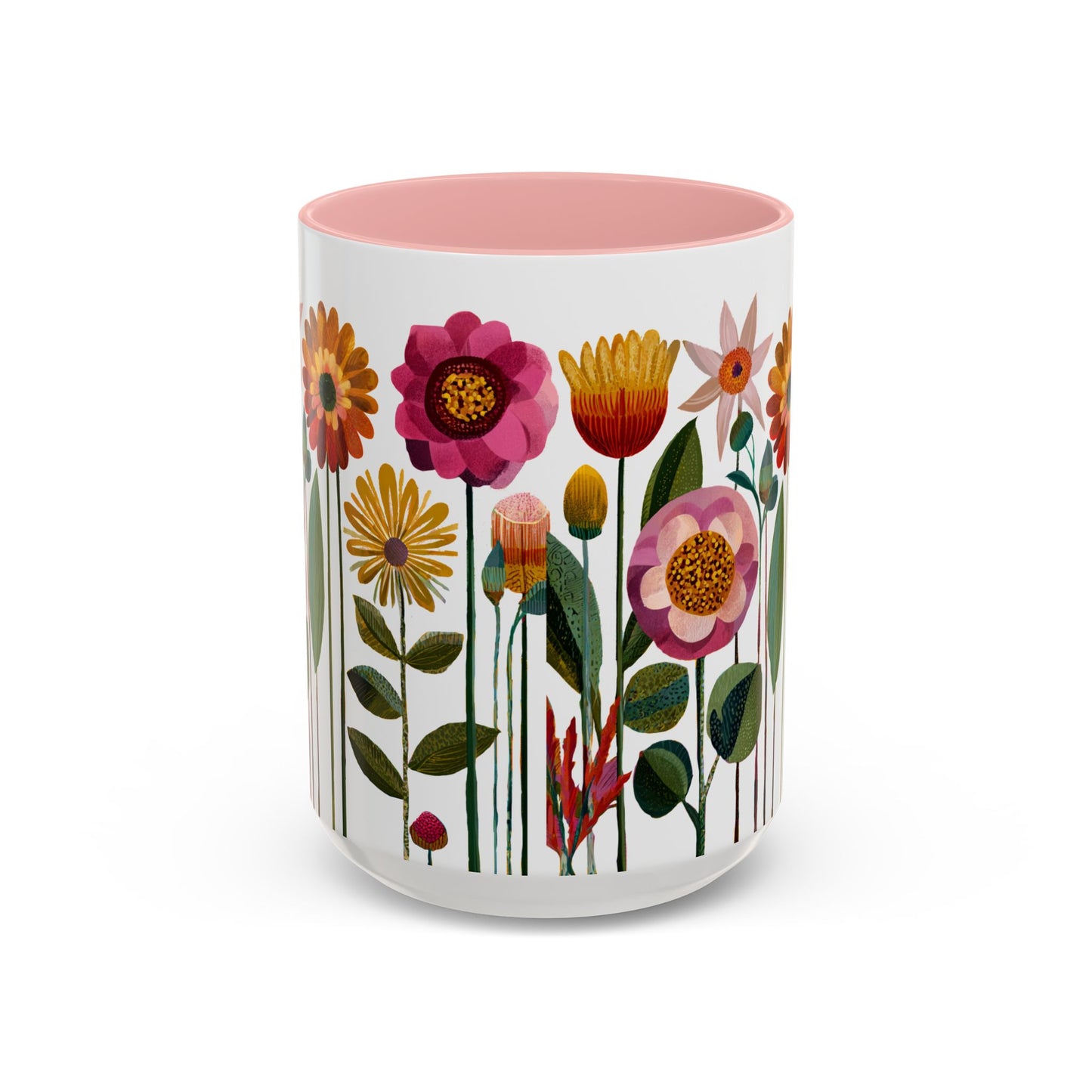 Ceramic mug with floral design on a white background Pink interior and handle