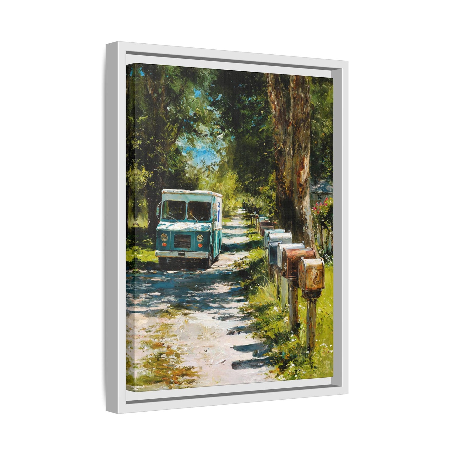 Framed Matte Canvas Print — Vintage Mail Truck on Country Road Wall Art