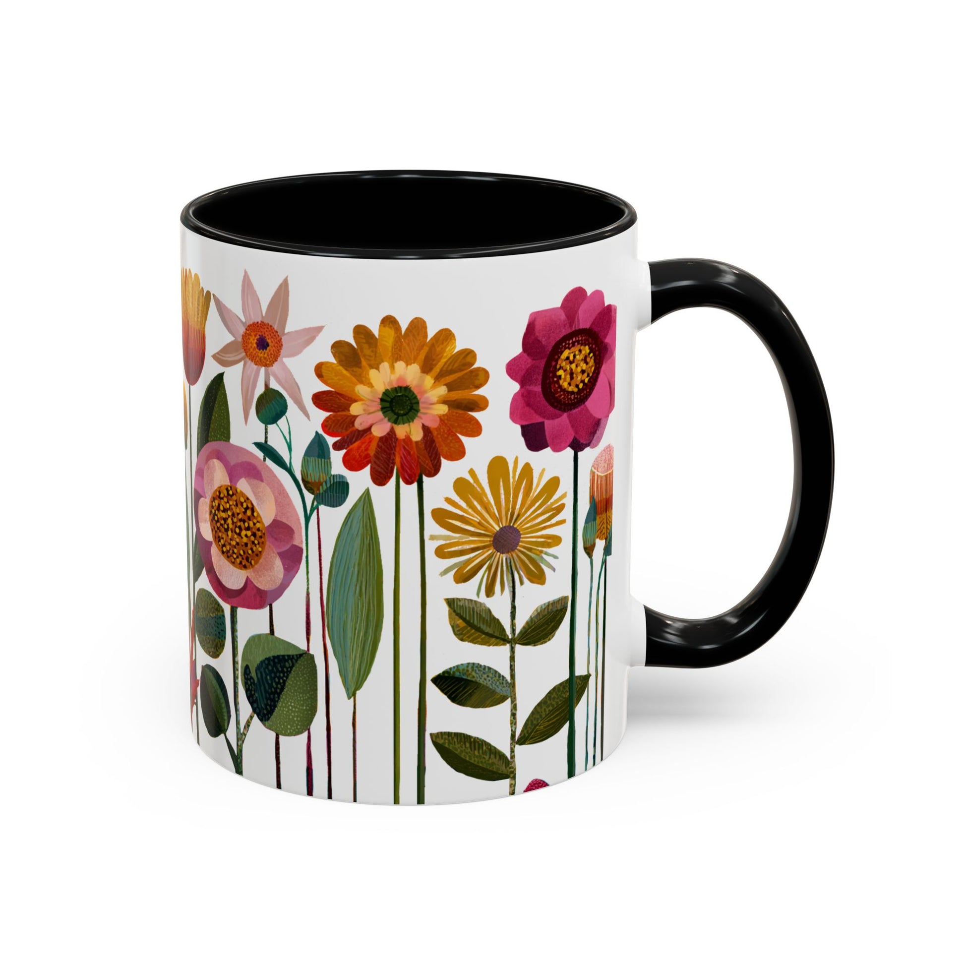 Mug with floral design on a white background with black interior and handle