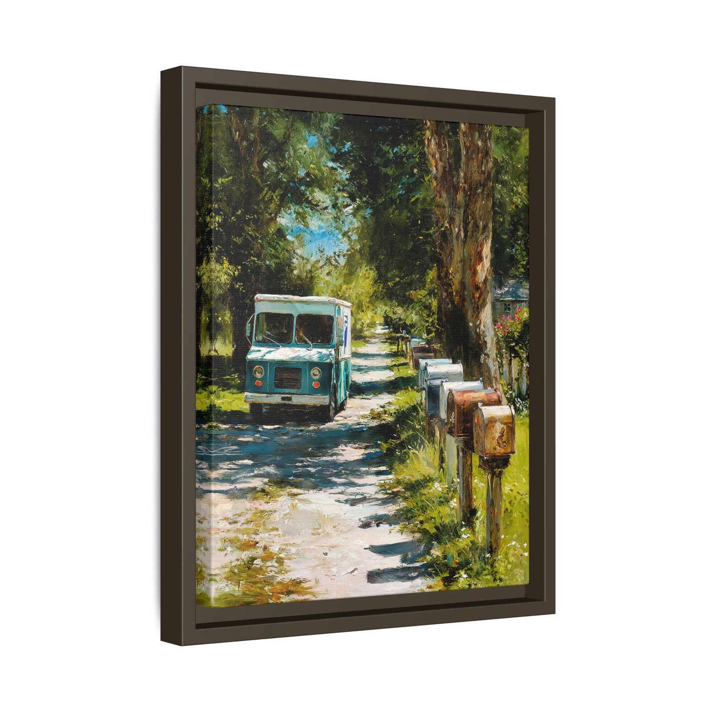 Framed Matte Canvas Print — Vintage Mail Truck on Country Road Wall Art