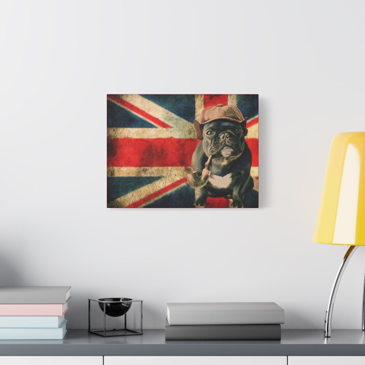 British Bulldog Canvas Wall Art – Vintage Union Jack with Smoking Frenchie