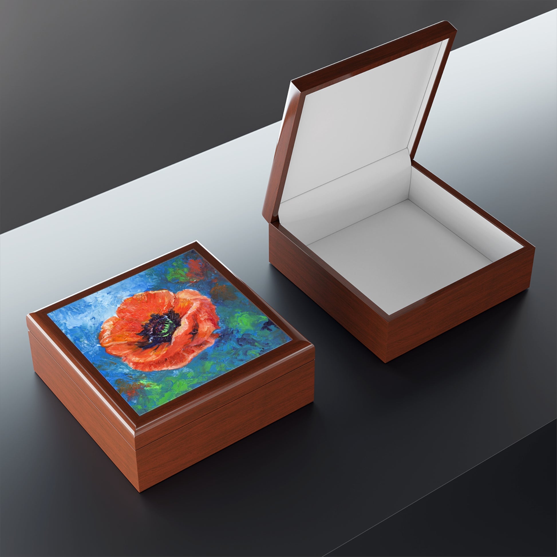 Keepsake/Jewelry Box - Poppy Flower Ceramic Tile Lid open