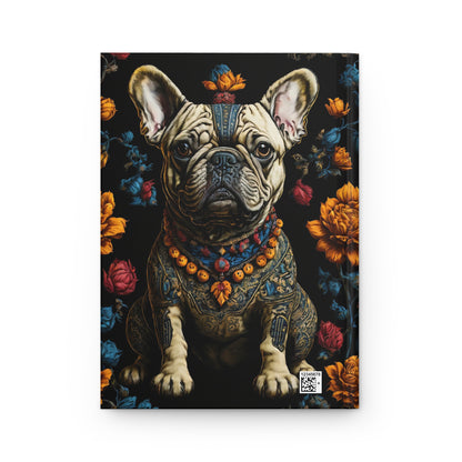 Notebook cover with a stylized dog illustration on a floral background