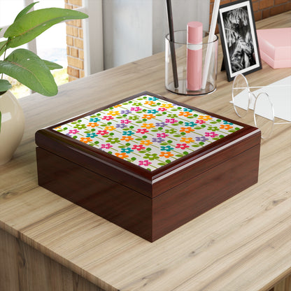 Jewelry Box/ Keepsake Box Colorful Flowers - Lacquer Box mahogany