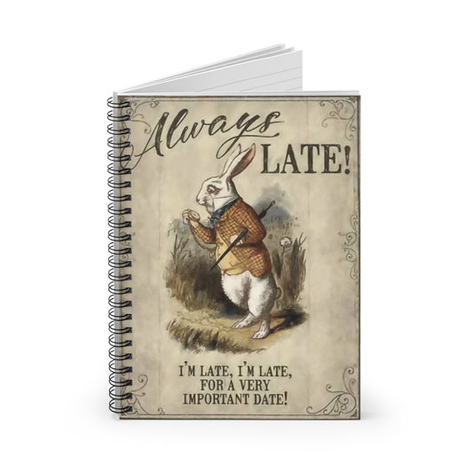 Vintage White Rabbit 'Always Late' Spiral Notebook – Ruled Journal for Alice in Wonderland Fans