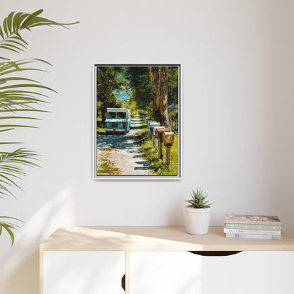 Framed Matte Canvas Print — Vintage Mail Truck on Country Road Wall Art