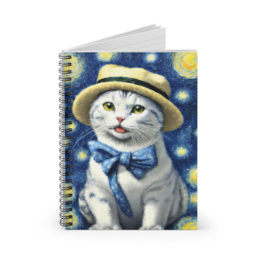 Starry Night Cat Spiral Notebook — Cute Cat with Hat & Bow Journal (Ruled)