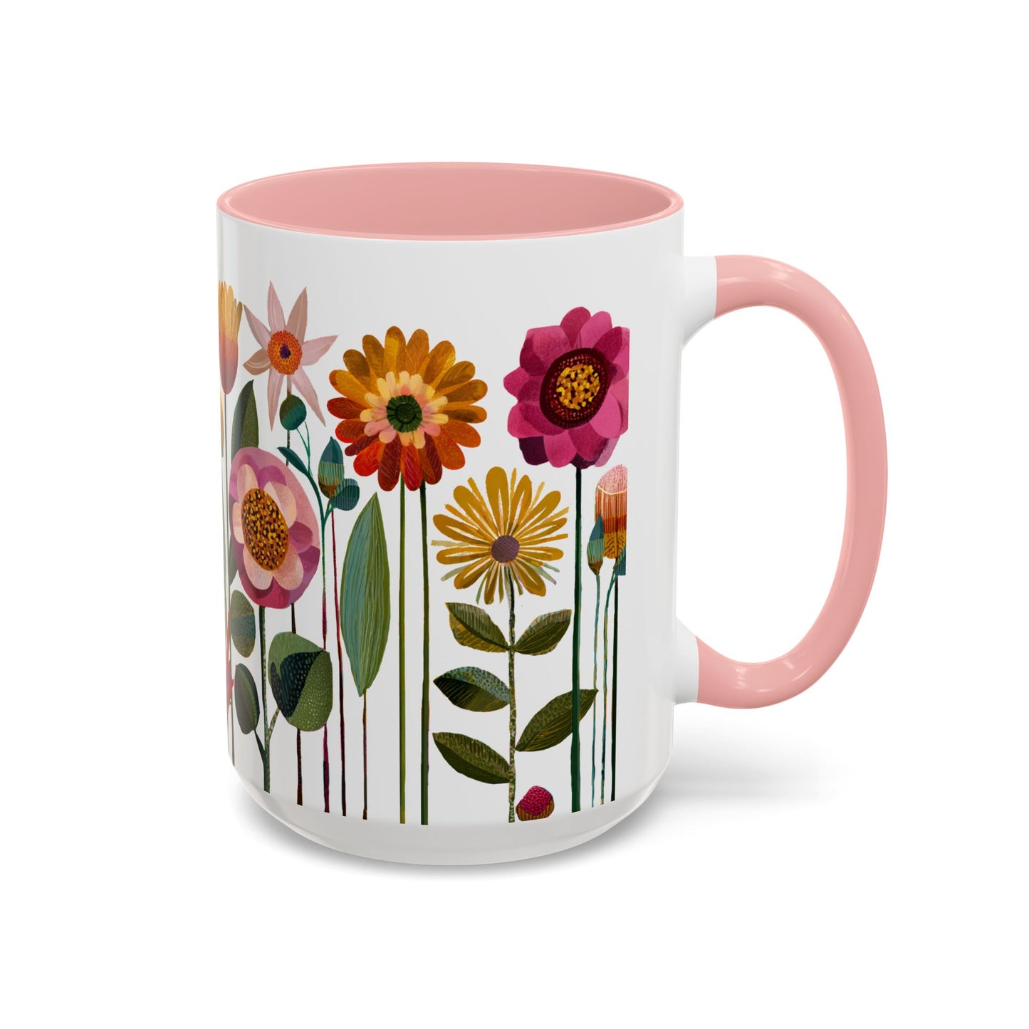 15 oz Pink Mug with floral design and pink handle on a white background