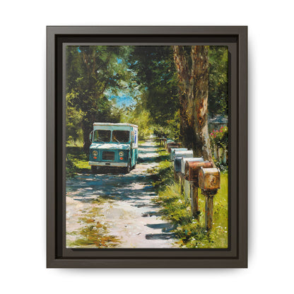 Framed Matte Canvas Print — Vintage Mail Truck on Country Road Wall Art