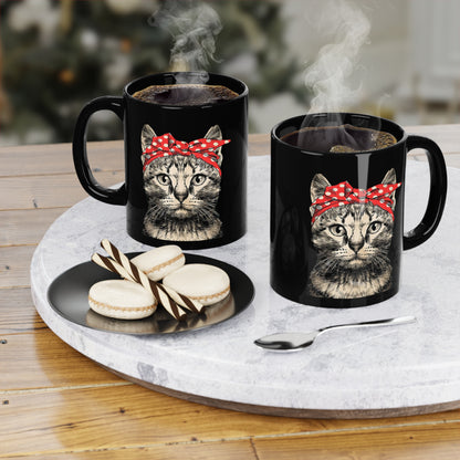 Black Coffee Mug with Cat Design, 11oz