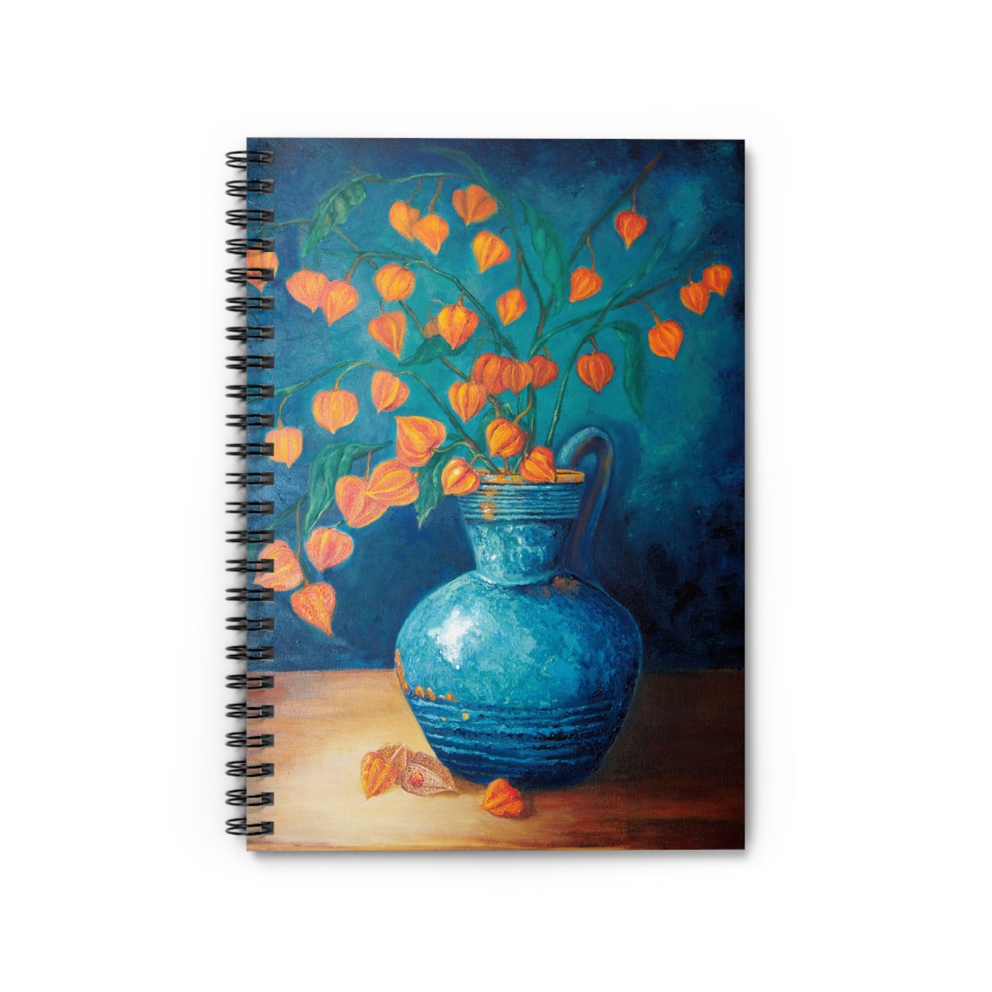 Floral Still Life Notebook — Blue Vase with Orange Lantern Flowers, Ruled Spiral Journal