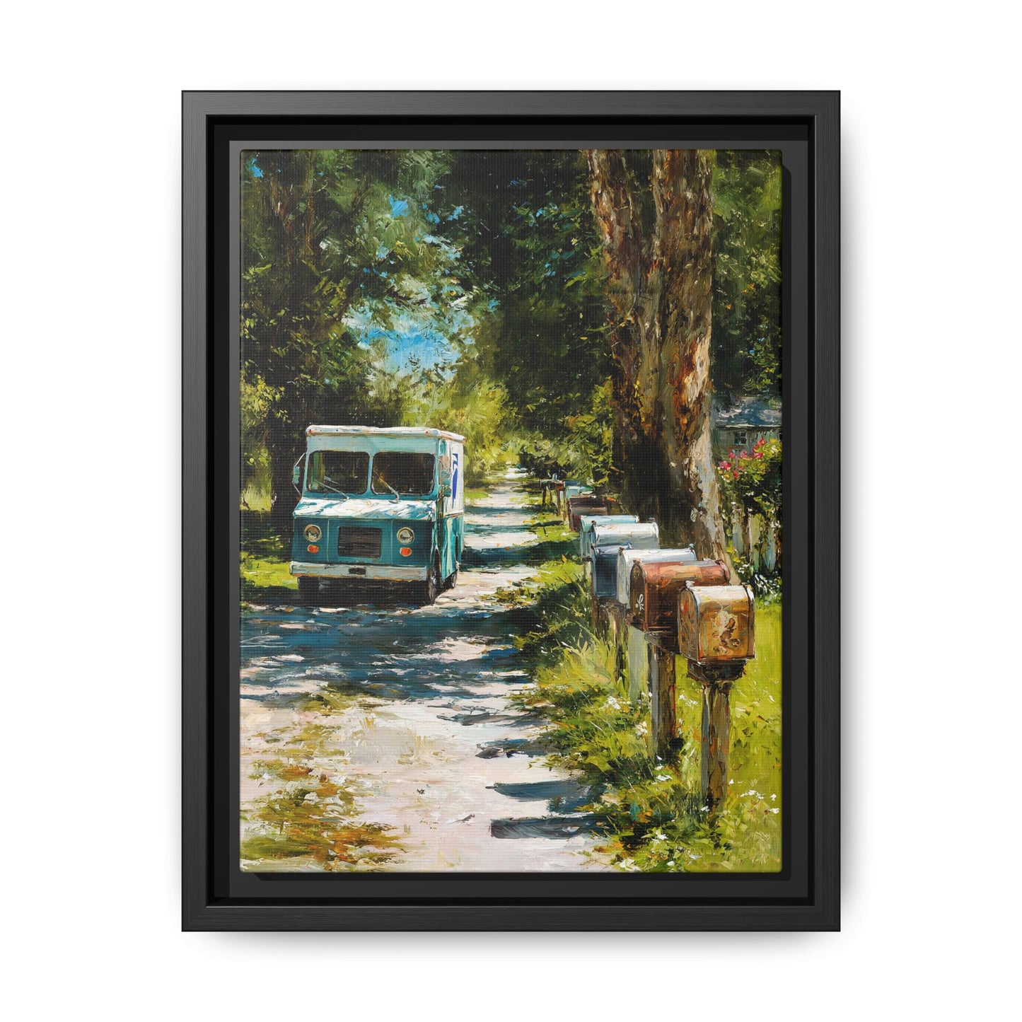 Framed Matte Canvas Print — Vintage Mail Truck on Country Road Wall Art