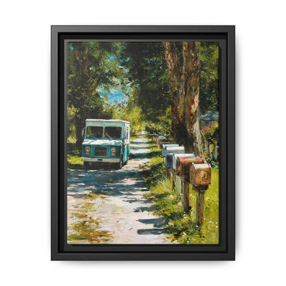 Framed Matte Canvas Print — Vintage Mail Truck on Country Road Wall Art