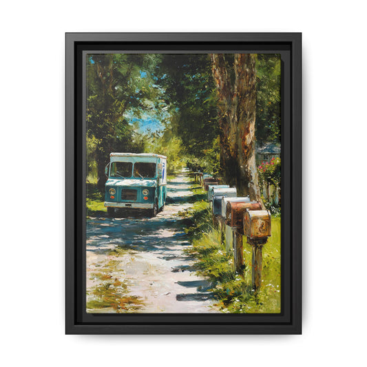 Framed Matte Canvas Print — Vintage Mail Truck on Country Road Wall Art
