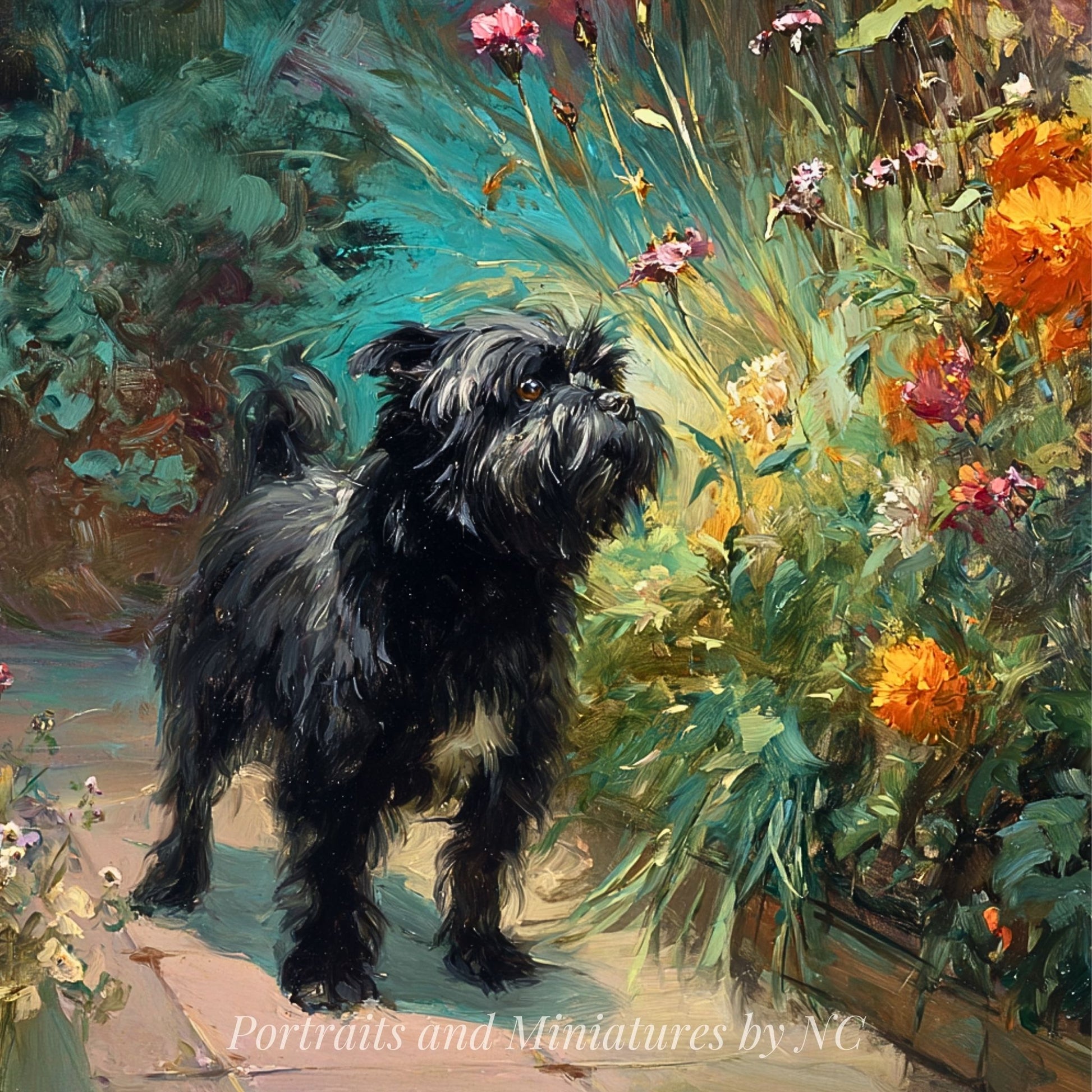 Painting of a black Affenpinscher dog among flowers with 'Portraits and Miniatures by NC' signature.