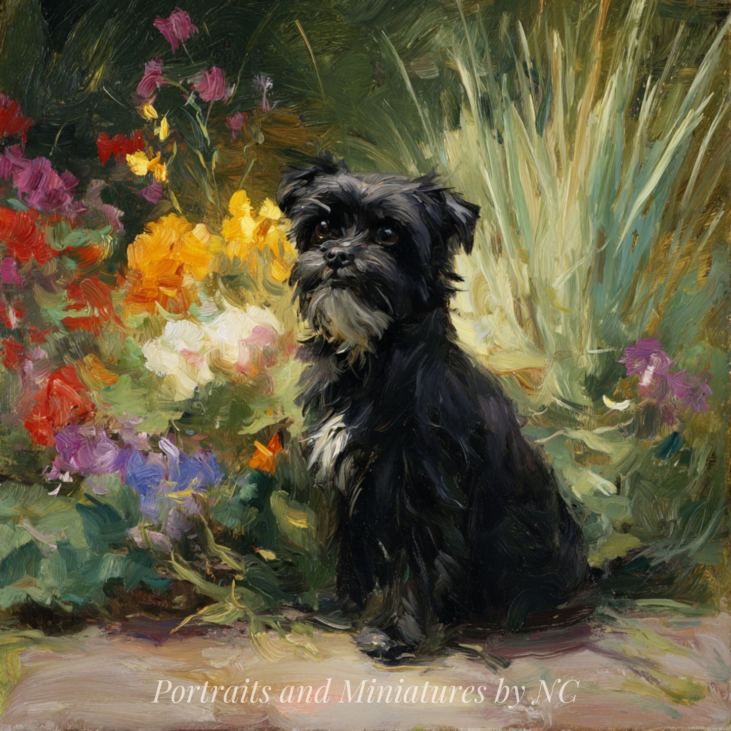 Painting of a black Affenpinscher dog sitting among flowers and plants.