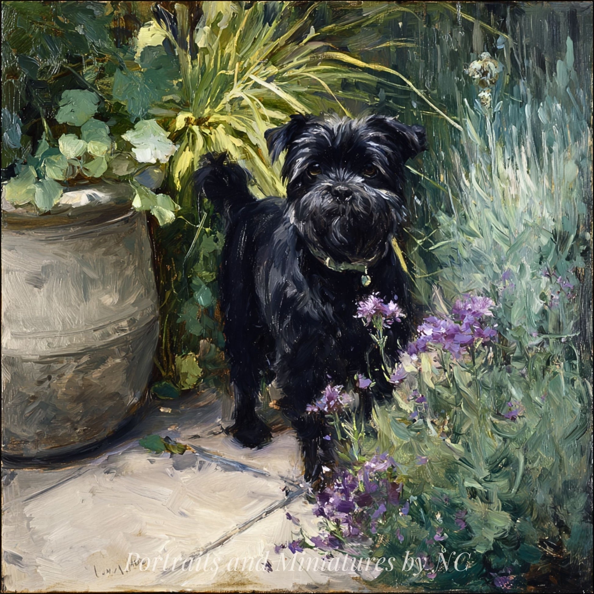 Painting of a black Affenpinscher dog standing among plants and flowers