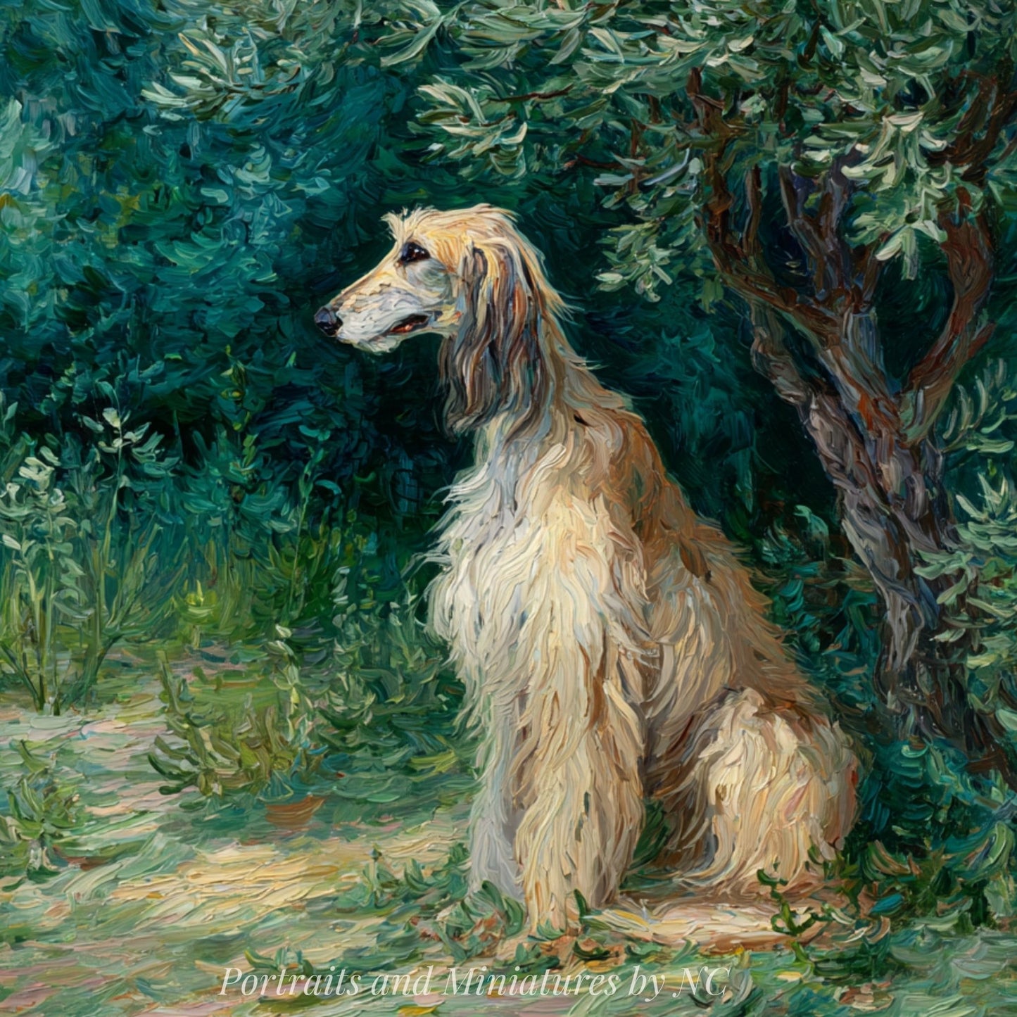 Painting of an Afghan Hound dog sitting among green foliage