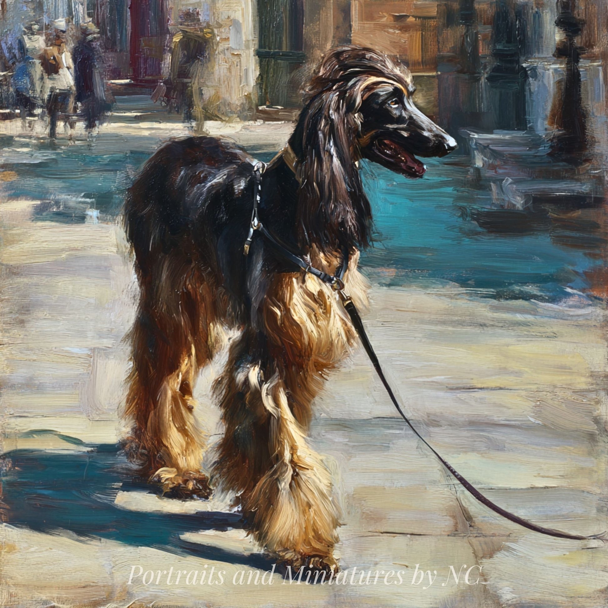Oil painting of a long-haired dog on a leash in an urban setting with people.