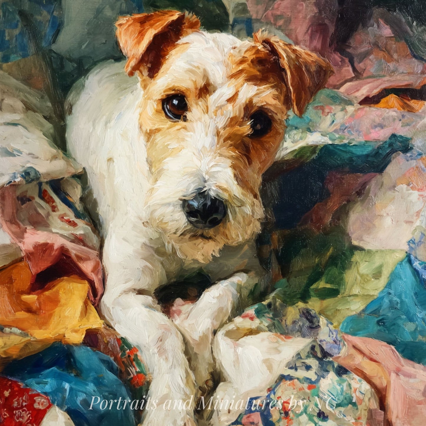 Artistic depiction of a dog sitting on a colorful fabric background