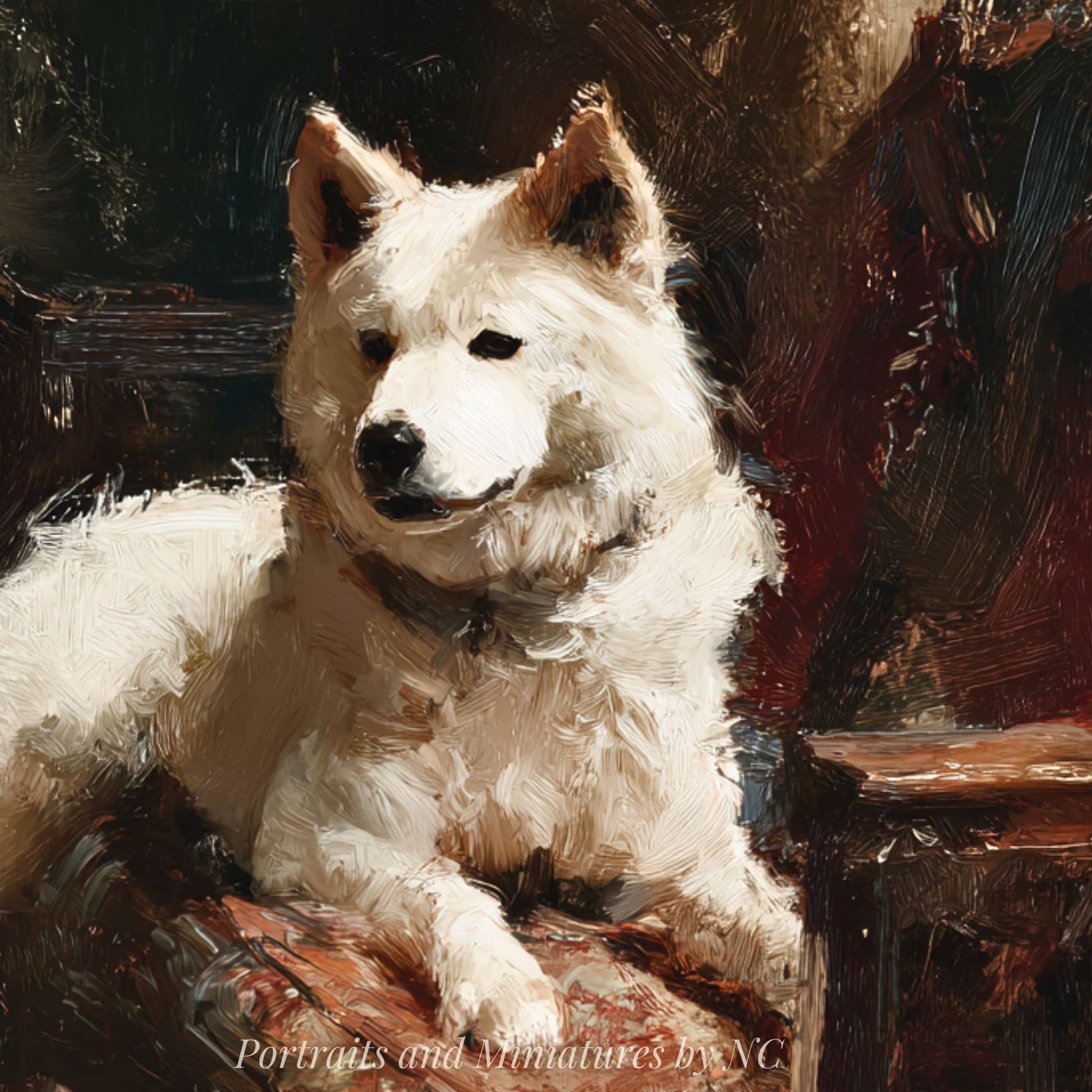 Oil painting of a white Akita dog sitting on a cushion with a dark background by Portraits by NC