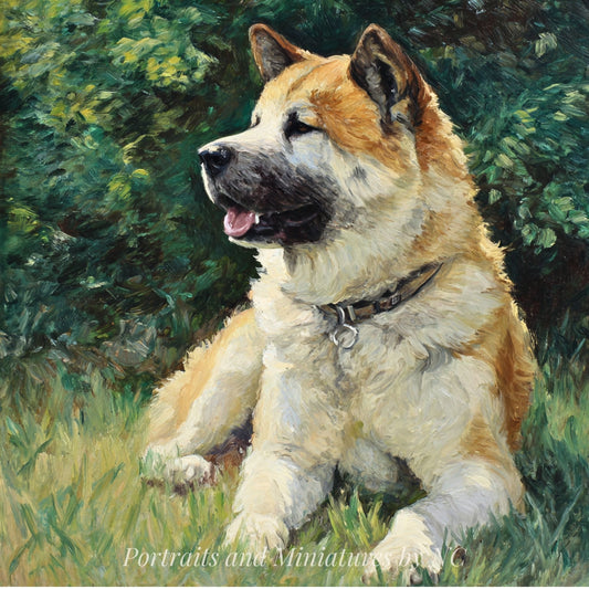 Painting of an Akita dog sitting in grass with trees in the background