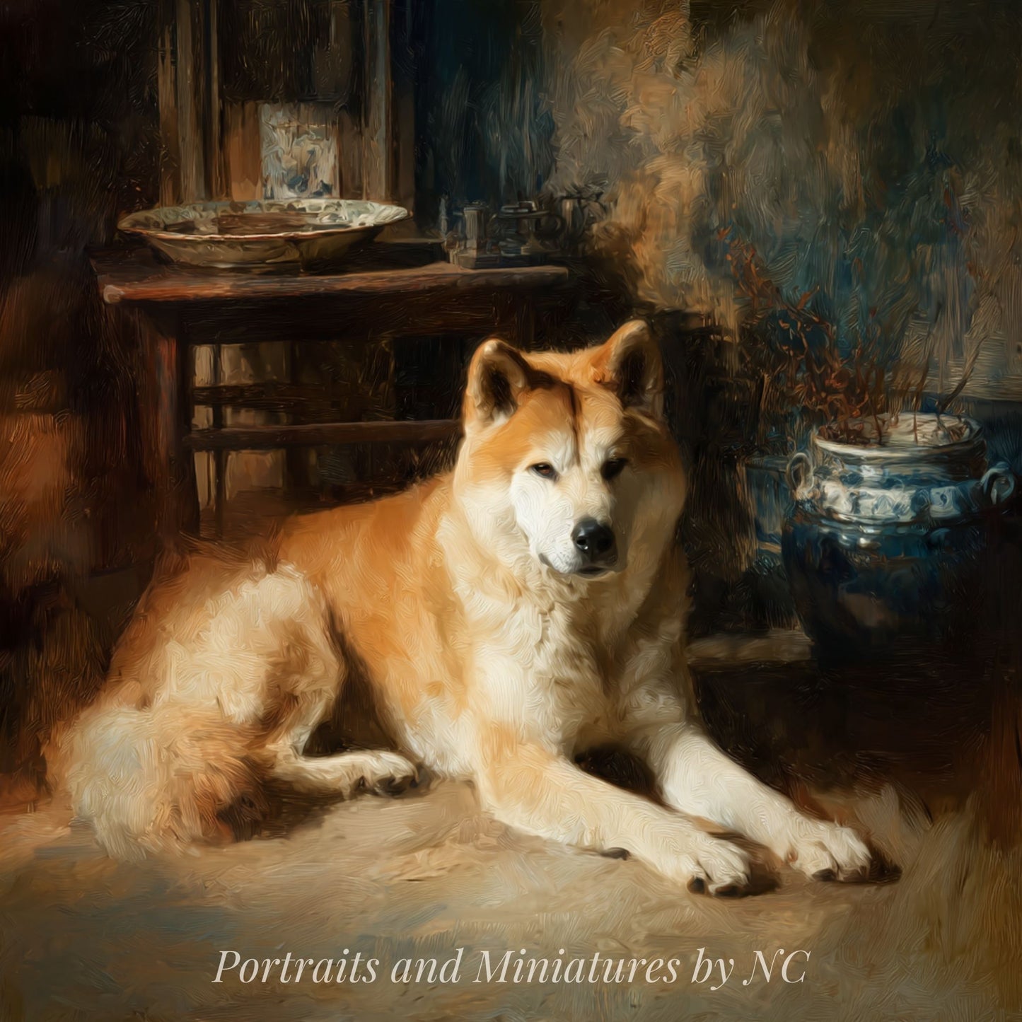 Akita dog portrait in living room setting by portraits by nc