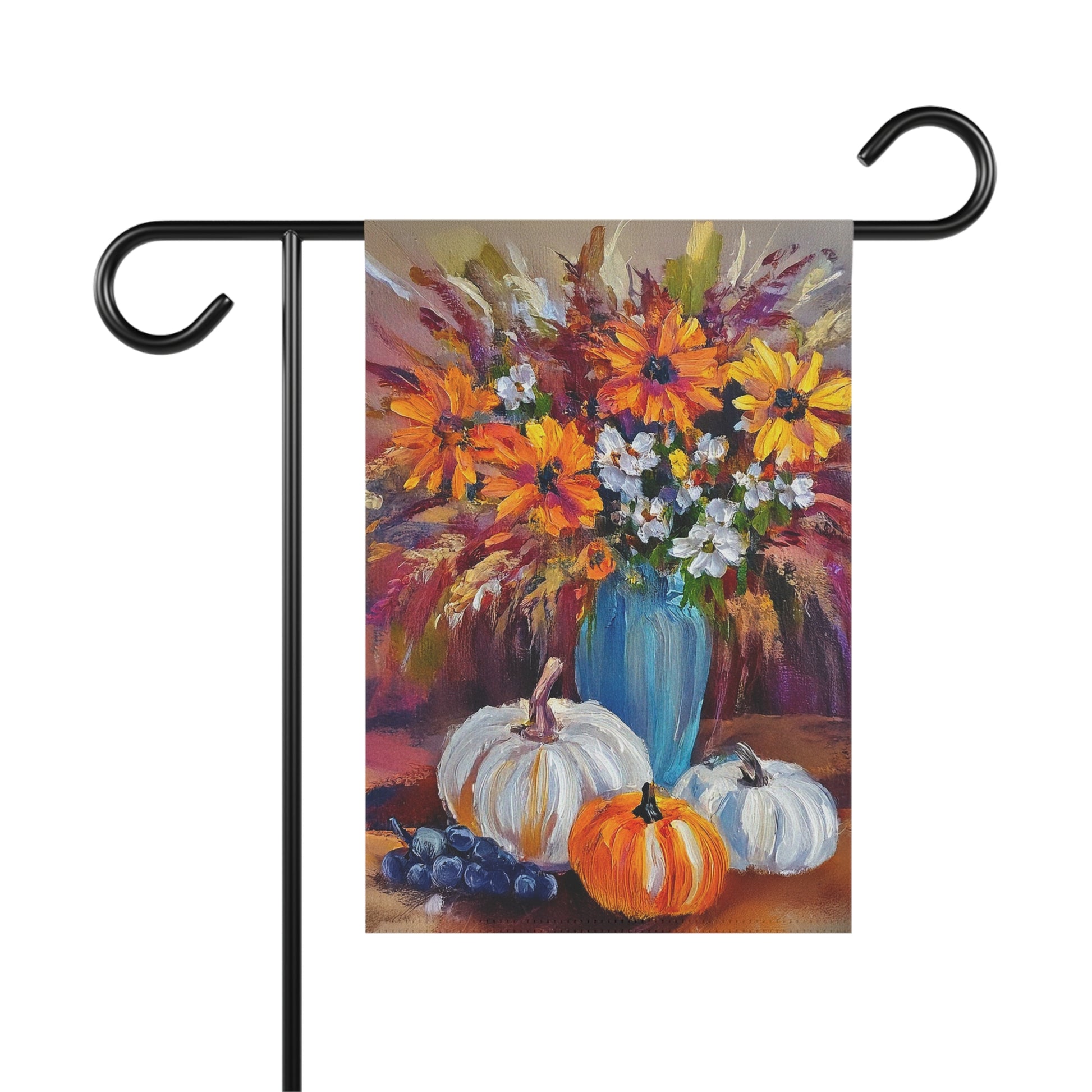 Decorative garden flag with pumpkins and flowers on a white background