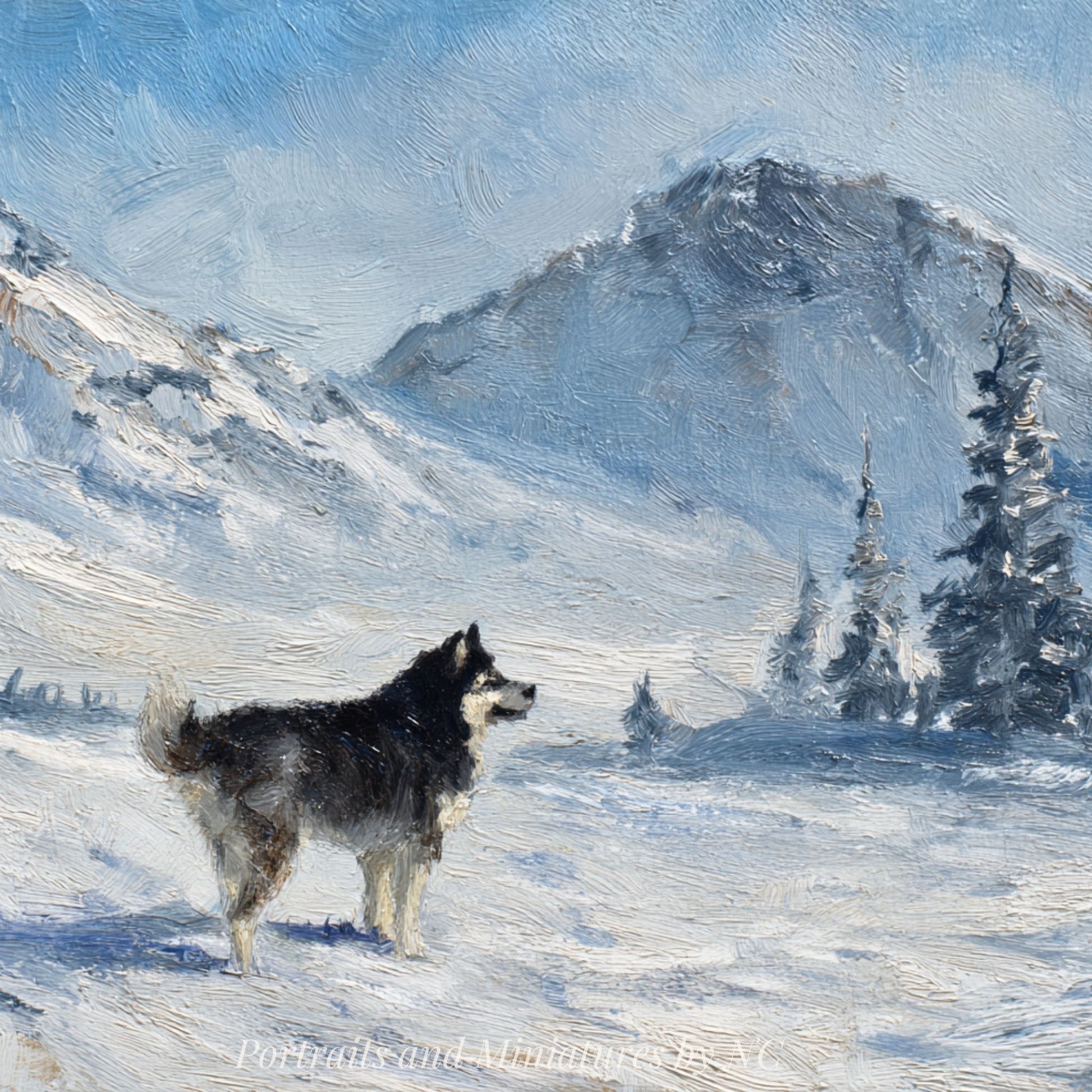Alaskan Malamute in a Snowy Landscape Oil Portrait