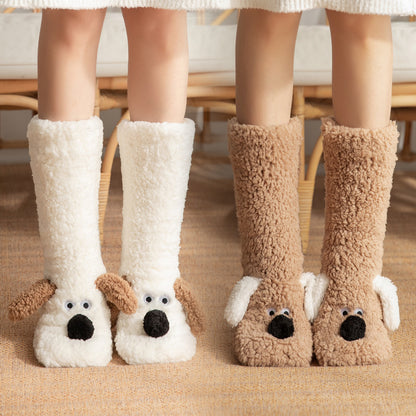 Cute Cartoon Dog Floor Socks Winter Warm Non-slip Plush Socks For Women