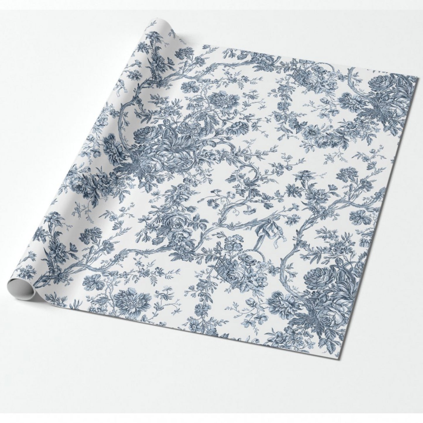 Elegant Vintage French Engraved Floral Toile-Blue Wrapping Paper Roll