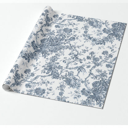 Elegant Vintage French Engraved Floral Toile-Blue Wrapping Paper Roll