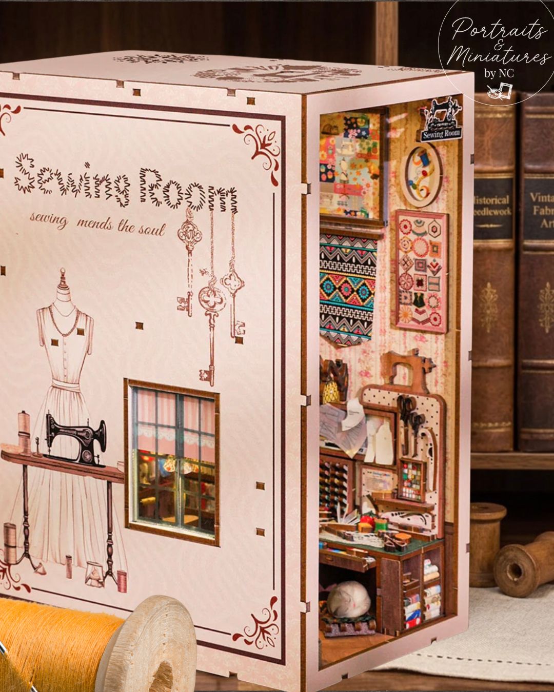 Sewing Room DIY Wooden Book Nook Shelf Insert – Miniature Craft Studio Kit with LED Lights