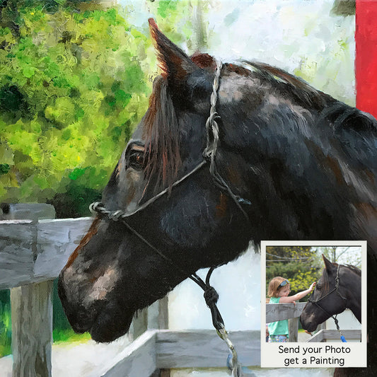 Friesian Horse Portrait - Commissioned Oil - custom pet portraits hand-painted and digital artwork by artist Enzie Shahmiri before and after