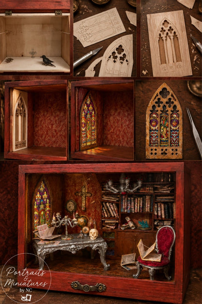 A Gothic-themed miniature display box filled with tiny decorative items, including a small desk, chair, bookshelves, skull, candle, and stained-glass-style panels. The box is shown alongside other miniature components and artwork on a dark background.