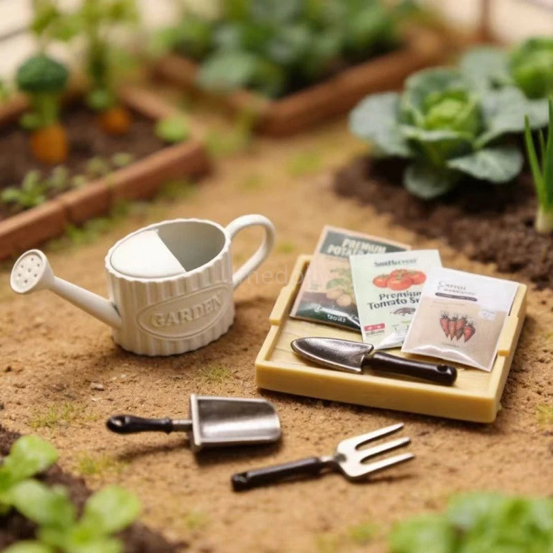 A miniature gardening kit displayed on a dirt surface with a blurred garden background. The kit includes a white ribbed watering canister with 'GARDEN' embossed on the front, a small tray holding seed packets, a miniature trowel, and a small fork.