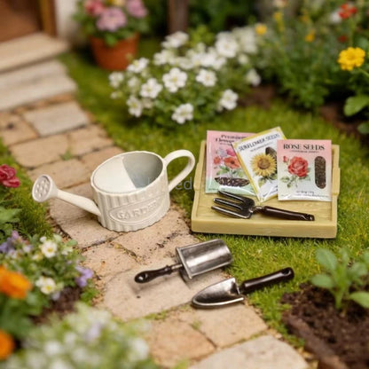 Gardening tools and seed packets on a miniature garden setup with flowers in the background.